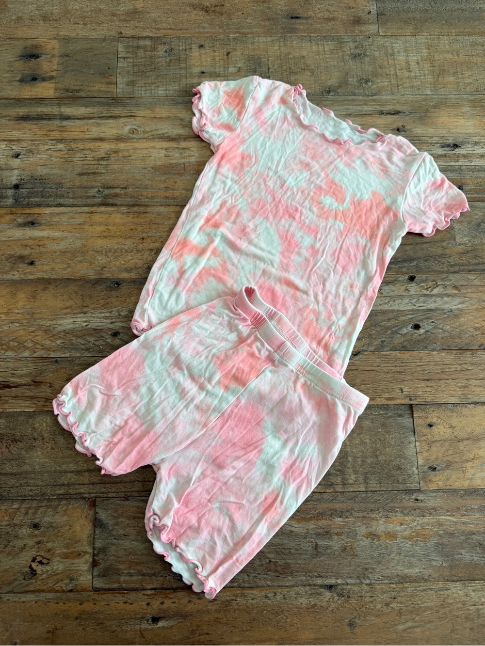 Girls Pink Tie-Dye Short Pajama Set with Ruffle Trim